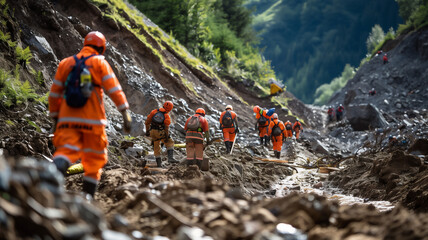 Rescue team in rescue operation from landslide situation .Searching for missing person ,help injured people ..