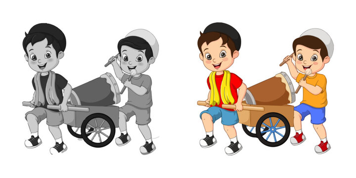 Happy muslim kid cartoon hitting bedug on cart for free