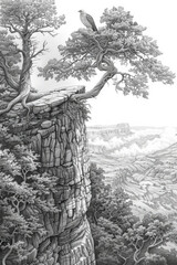 A black and white drawing showcasing a tree standing resiliently on the edge of a cliff, depicting strength and resilience in nature