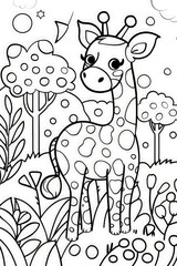 A cartoon giraffe stands tall in the grassy field, with its long neck and distinctive spots, under the bright sky