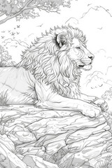 A black and white drawing depicting a lion resting on a large rock