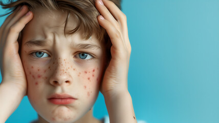 Naklejka premium teenage boyhave acne problem , Facial skin problems .
