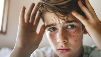 teenage boyhave acne problem , Facial skin problems .