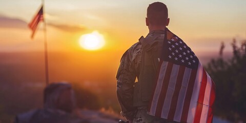 US Army soldier with the American flag, memorial day concept, copy space