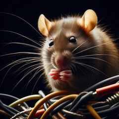 Close up Rat Chewing on Electrical Wires isolated black background