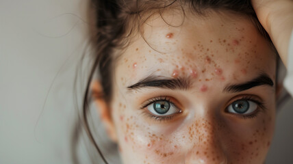 teenage girl have acne problem , Facial skin problems .