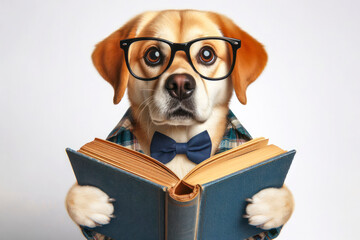 Surprised dog in glasses holding opened book on white background