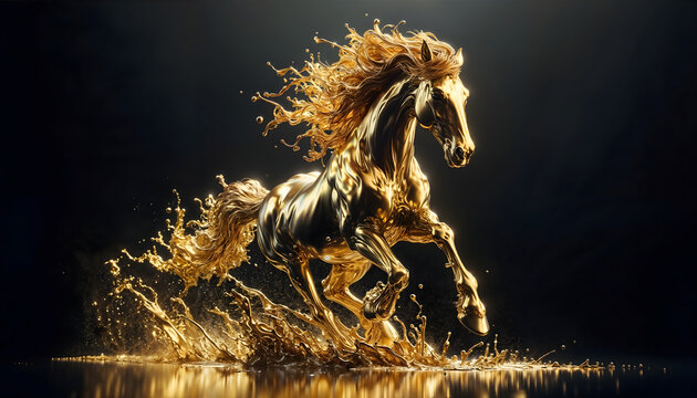 Majestic Golden Horse Sculpture Galloping in Reflective Water Surface at Night