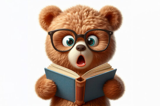 Surprised bear in glasses holding opened book on white background