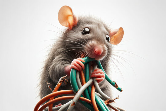Close up Rat Chewing on Electrical Wires isolated on white background