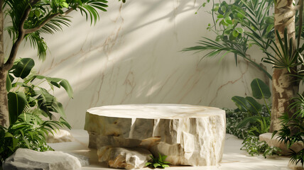 Marble Rock podium for product showcase with Fantasy natural scene .