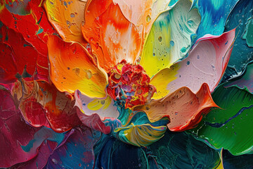 Vibrant Abstract Artwork Featuring Colorful Flower with Splashes of Paint and Bright Hues in Background - obrazy, fototapety, plakaty