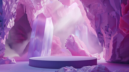 Fantasy purple and pink cave scene with podium for product showcase ..
