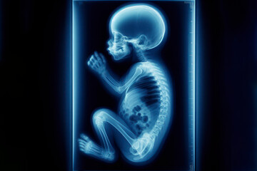 X-ray of a newborn baby full body blue tone radiograph on a black background