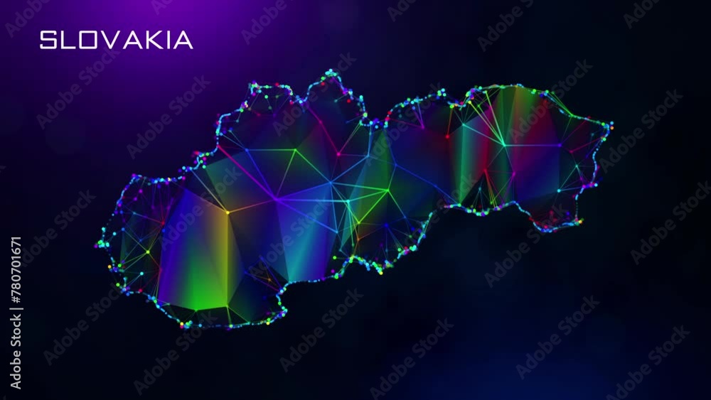 Poster futuristic motion reveal slovakia map, blue purple colorful connected lines and dots network wirefra