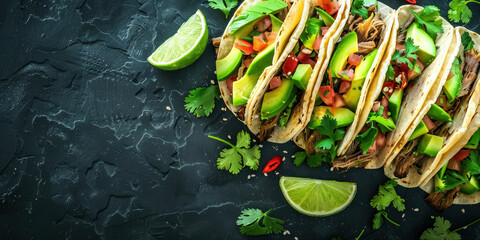Delicious Mexican Tacos with Meat, Vegetables and Lime on Black Background, Top View - obrazy, fototapety, plakaty