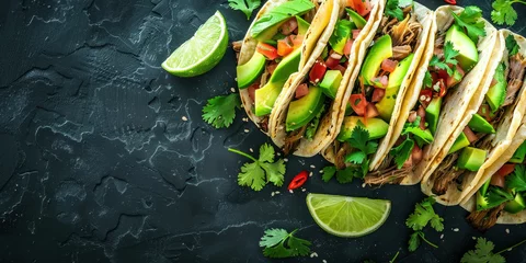  Delicious Mexican Tacos with Meat, Vegetables and Lime on Black Background, Top View © SHOTPRIME STUDIO