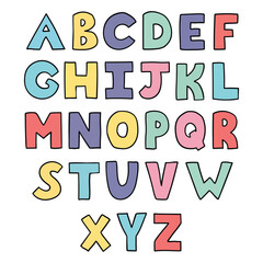 Hand drawn doodle english multicolored alphabet on white background.