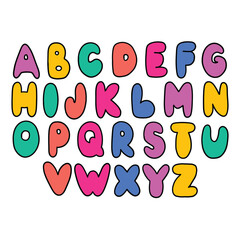 Hand drawn doodle cartoon english multicolored alphabet on white background.