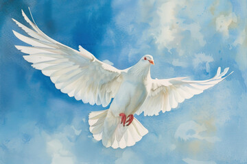 A painting of a white dove in flight against a blue sky background
