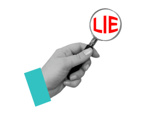 Black and white hand holds a magnifying glass with a text Lie in it. Illustration in a modern collage style on transparent background