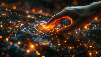 Dynamic technology-business connection: Hand interacts with digital network, glowing data nodes in abstract backdrop.