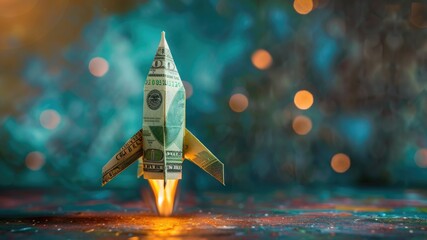 Capture the excitement of a money rocket launch against an office backdrop, symbolizing a successful start and new projects.