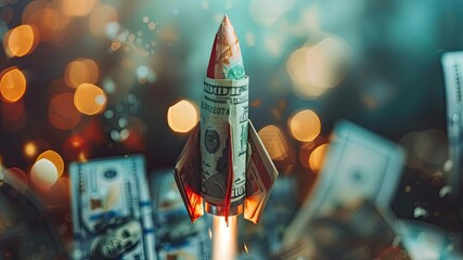 Capture the excitement of a money rocket launch against an office backdrop, symbolizing a successful start and new projects. - obrazy, fototapety, plakaty