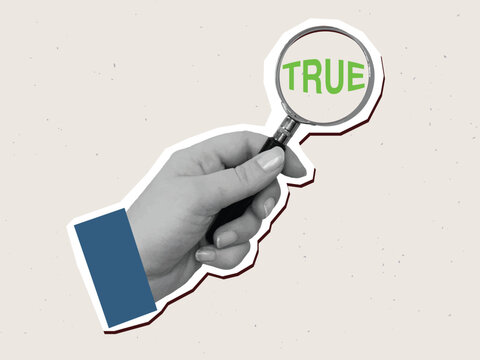 Black and white hand holds a magnifying glass with a text True in it. Vector illustration in a modern collage style