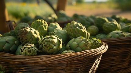 Baskets filled with freshly harvested and vibrant artichokes