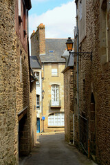 France, Fougeres. Medieval city street with ancient houses.