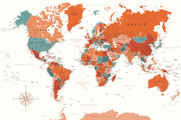 World Map - Highly Detailed Vector Map of the World. Ideally for the Print Posters. Terracotta Warm Vintage Colors. Retro Style - obrazy, fototapety, plakaty