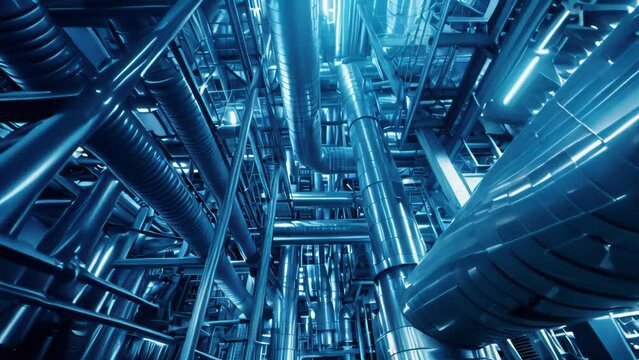Complex network of industrial pipes in a facility. Toned image with blue hue.