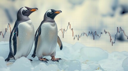 Penguins as stock traders, watching the ice melt as market graphs isolate on soft color background