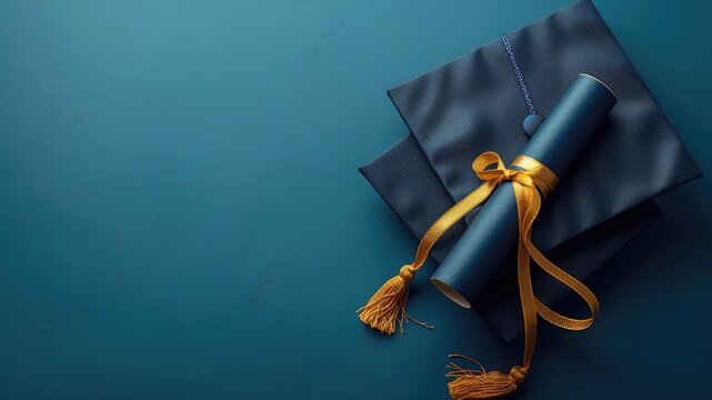 Embrace the significance of education with this symbolic image of a graduation cap, diploma, and blue background.