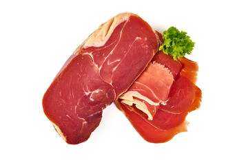 Dry Spanish ham, Jamon Serrano, Bellota, Italian Prosciutto Crudo or Parma ham, isolated on white background