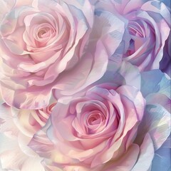 Pastelcolored roses in a watercolor closeup, each petal drawn with a soft touch, illuminated by a mystic, ethereal light
