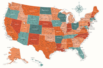 United States - Highly Detailed Vector Map of the USA. Ideally for the Print Posters. Terracotta Colors