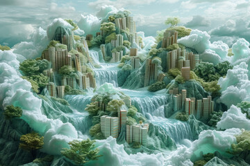 fantasy landscape of green mountains with waterfalls and modern buildings amidst clouds