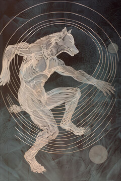 line art image of a werewolf in motion - illustration - generative ai