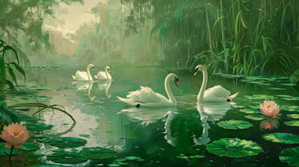 Swans in. lily pond art - 780703627