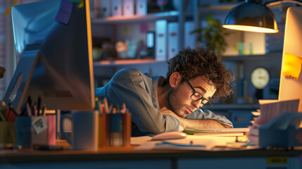 3D rendered scene of a sleepy office worker at their desk with realistic details of a cluttered office environment