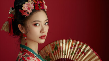 Capture a stunning image of a Chinese woman dressed in traditional attire gracefully holding a delicate fan