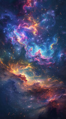 Fototapeta premium Galactic nebula, swirling colors, cosmic energy pulsating in an abstract universe, infinite space, digital art, vibrant hues, chromatic aberration
