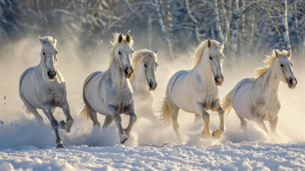 Whie Arabian horses gallop in snow - 780703853