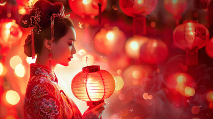 Illustrate an enchanting scene where a Chinese maiden in a traditional embroidered red gown stands poised with a red lantern