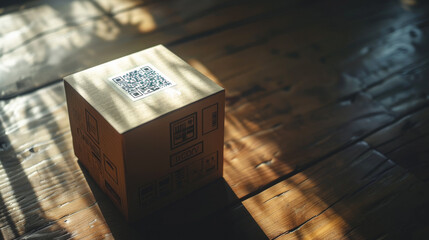 High-resolution photo of a sleek product box on a wooden table with a clear
