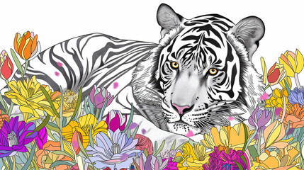 Tigre e flores - Ilustração esboço
