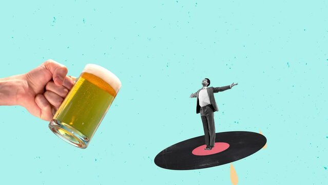 Stop motion, animation. Creative design. Cheerful man in a suit standing on vinyl, having rest, drinking foamy lager beer. Concept of party, fun, celebration, creativity. Copy space for ad, text