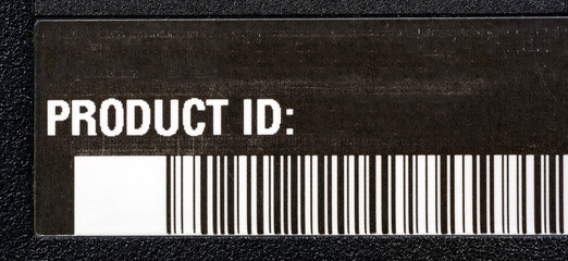 A generic empty blank product ID identification number value sticker label placeholder mockup with a barcode and place for text electronic devices store inventory, factory manufacturing series concept